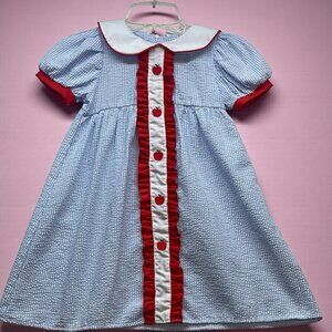 BMG Blue Gingham Dress Girls Size 6Y Red Ruffle Apple Embroidery  Cottagecore
